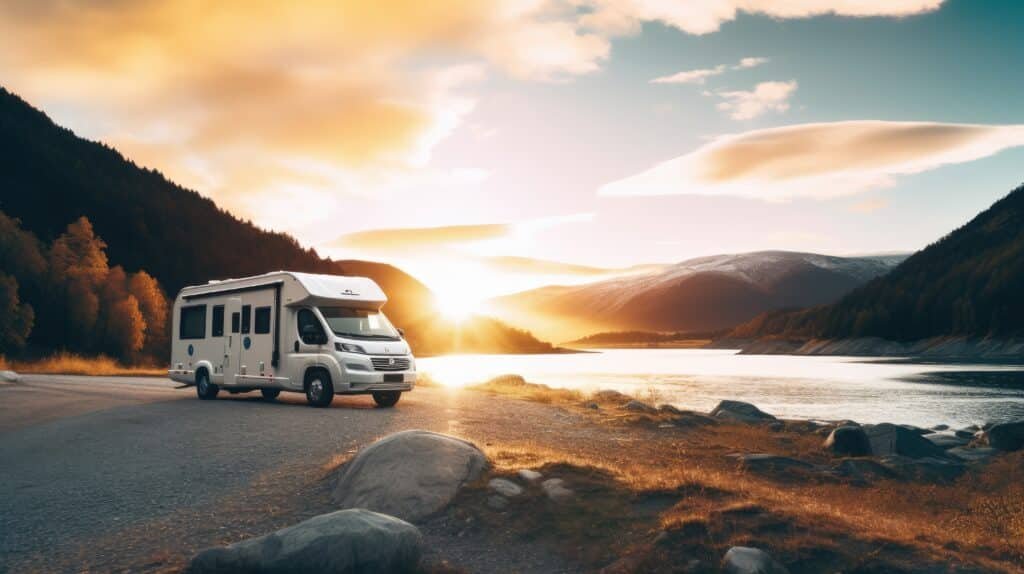 Motorhome parked in front of lake